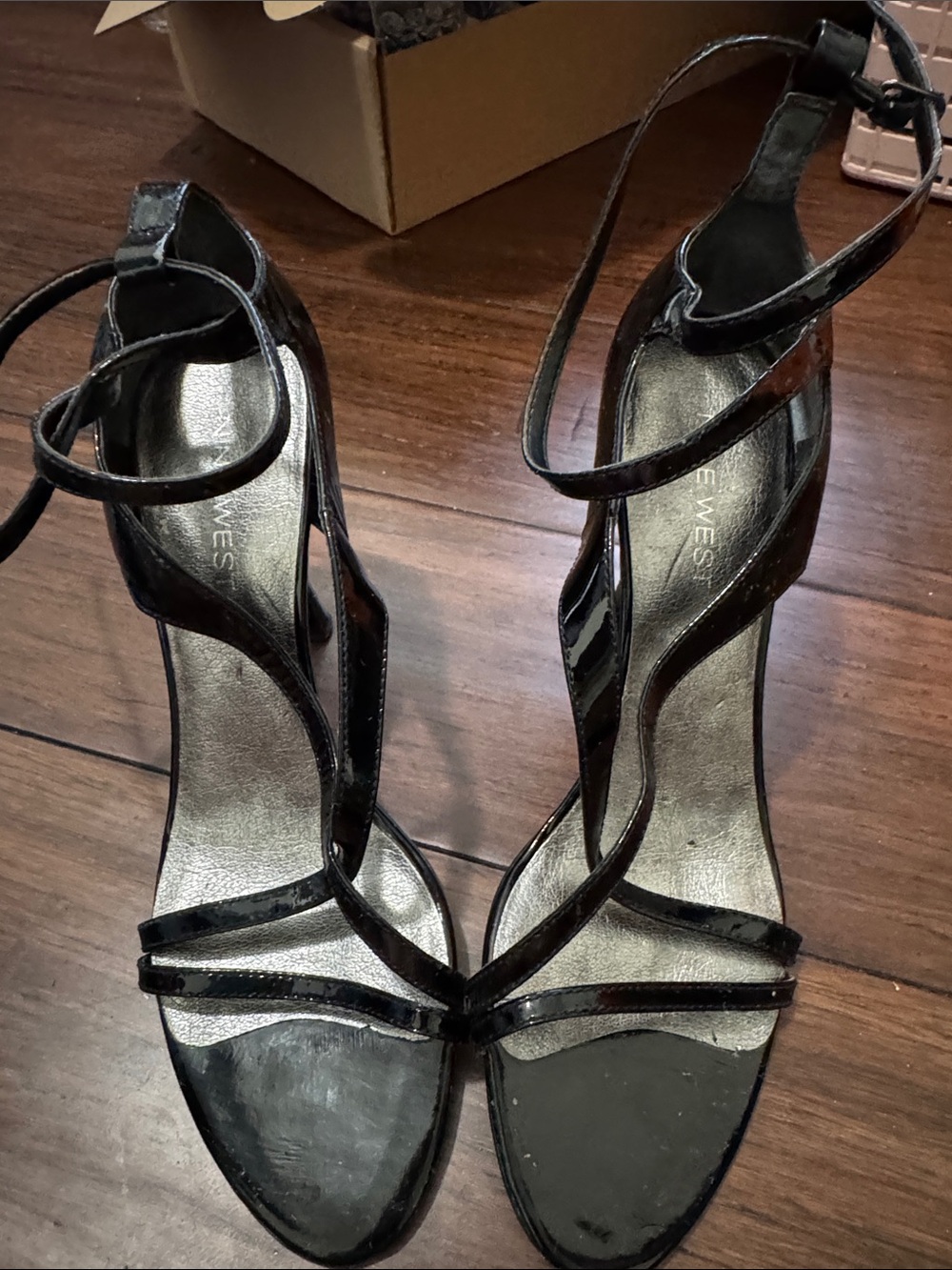 Nine West Black Patent Strappy Ankle-Heel Sandals